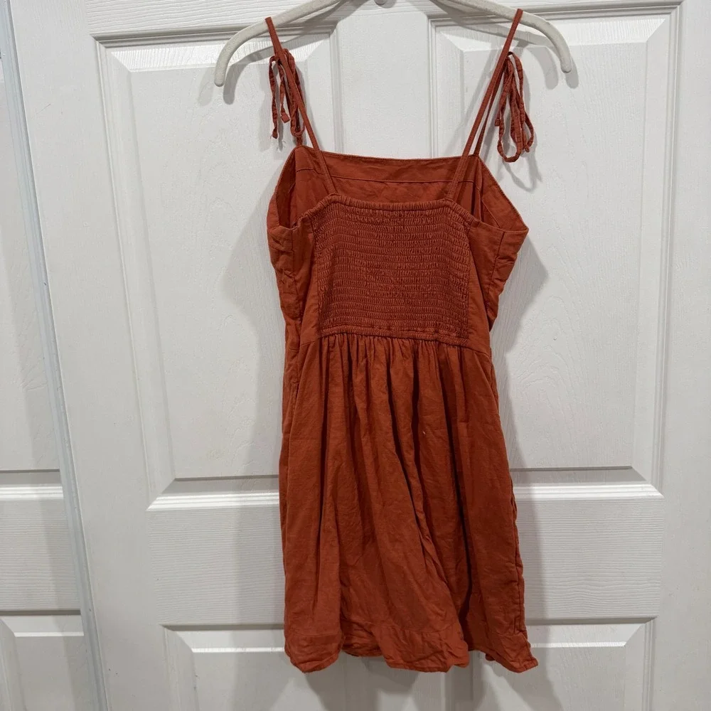 Abercrombie & Fitch Burnt Orange Tie Strap Smocked Mini Dress‎ with Pockets S